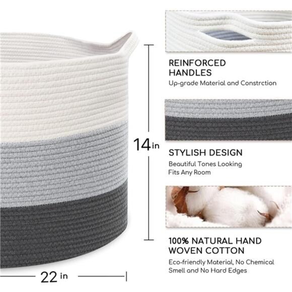 Large Cotton Rope Basket,22"x22"x14"Throw Blanket Storage for Living Room - Picture 2 of 7